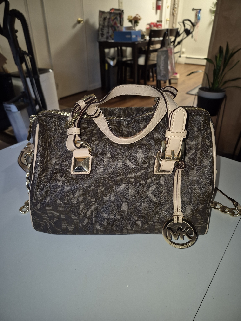 Michael Kors Brown MK Monogram Satchel with Cream Handles